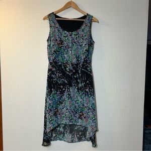 ASH NEW YORK | Black High-Low Midi Dress with Multi-Colour Floral Design Size 42